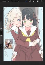  2girls ;d aqua_neckerchief art_program_in_frame black_hair blue_eyes blush brown_dress ceras_yanagida_lilienfeld character_doll closed_mouth commentary_request cowboy_shot doll dress green_eyes grey_hair hasu_no_sora_school_uniform highres hug hug_from_behind iroha_(nami3) link!_like!_love_live! long_sleeves love_live! momose_ginko multiple_girls neckerchief one_eye_closed open_mouth photo_inset pleated_dress procreate_(medium) reference_inset romaji_commentary sailor_collar sailor_dress school_uniform smile unfinished virtual_youtuber white_sailor_collar winter_uniform yellow_neckerchief 