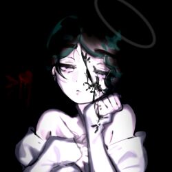  1girl alien_stage aliscol32 bare_shoulders black_background black_blood black_hair blood blood_on_face closed_mouth commentary halo heart highres official_alternate_costume portrait short_hair sleeves_past_wrists solo sua_(alien_stage) violet_eyes 