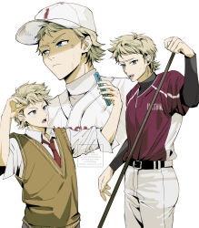  1boy ace_of_diamond arm_up baseball_cap baseball_uniform belt black_belt black_shirt blonde_hair blue_eyes brown_sweater_vest cellphone closed_mouth collared_shirt commentary cropped_shoulders english_commentary frown hat highres holding holding_phone layered_sleeves long_sleeves male_focus multiple_views narumiya_mei necktie open_mouth pants phone red_necktie rilaksu012 shirt shirt_tucked_in short_over_long_sleeves short_sleeves simple_background sportswear sweater_vest watermark white_background white_hat white_pants white_shirt wing_collar 