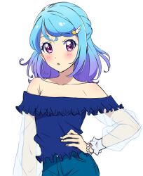  1girl :o aikatsu!_(series) aikatsu_friends! bare_shoulders bead_bracelet beads blue_hair blue_pants blue_shirt bracelet cowboy_shot gradient_hair hand_on_own_hip highres jewelry looking_at_viewer medium_hair minato_mio multicolored_hair off-shoulder_shirt off_shoulder ojisan_(s4overture) pants purple_hair see-through_clothes see-through_sleeves shirt simple_background solo standing violet_eyes white_background 