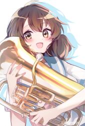  1girl :d blue_sailor_collar blush brown_eyes brown_hair commentary_request double-parted_bangs drop_shadow euphonium fluffy_hair hair_between_eyes hibike!_euphonium highres holding holding_instrument instrument looking_at_viewer mani_(manidrawings) medium_hair neckerchief open_mouth oumae_kumiko pink_neckerchief sailor_collar shirt short_sleeves simple_background smile solo upper_body white_background white_shirt 