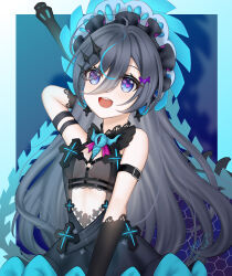  1girl absurdres arm_strap bare_shoulders black_dress black_gloves blue_eyes boots center_opening commentary_request dress fingerless_gloves gloves gnonno_(tower_of_fantasy) grey_hair hair_between_eyes hand_up highres loli long_hair looking_at_viewer open_mouth sleeveless sleeveless_dress smile solo symbol-shaped_pupils thigh-highs tower_of_fantasy user_gmnx3447 very_long_hair 