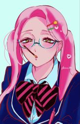  1girl alien_stage black_bow black_bowtie blazer blue_background blue_jacket bow bowtie collared_shirt commentary dated_commentary diagonal-striped_bow diagonal-striped_bowtie diagonal-striped_clothes food food-themed_hair_ornament food_in_mouth glasses green_eyes hair_ornament hairclip heart highres jacket long_hair mizi_(alien_stage) naru_00m official_alternate_costume official_alternate_hairstyle peach_hair_ornament pocky pocky_day pocky_in_mouth shirt signature solo star_(symbol) star_hair_ornament striped_bow striped_bowtie striped_clothes twintails white_shirt 