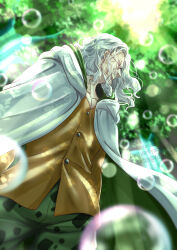  1boy beard blurry blurry_background bubble capelet commentary_request facial_hair from_below highres long_hair long_sleeves male_focus musasabiop mustache old old_man one_piece orange_shirt round_eyewear shirt silvers_rayleigh solo watermark white_capelet 