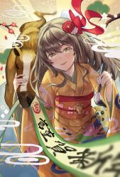  1girl 2026 ao_hoshi breasts calligraphy_brush chinese_zodiac commentary_request dot_nose flower hair_between_eyes hair_flower hair_ornament hair_ribbon highres horse ink japanese_clothes kimono long_hair long_sleeves looking_at_viewer new_year obi open_mouth orange_kimono orange_sash original paintbrush pink_flower red_flower red_ribbon ribbon sash small_breasts smile solo white_flower wide_sleeves year_of_the_horse yellow_background yellow_eyes 