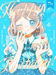  1girl anchor birthday blue_background blue_eyes blush bow cake character_name cherry commentary_request dated dress earrings eating english_text food fruit grey_hair hair_bow hair_ornament hand_up happy_birthday head_tilt highres jewelry licking licking_lips love_live! love_live!_sunshine!! nail_polish one_eye_closed short_hair shortcake simple_background smile strawberry_shortcake tongue tongue_out watanabe_you wavy_hair x6cj6 