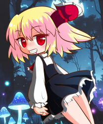  1girl ascot black_skirt black_vest blonde_hair blood blood_drip commentary_request cowboy_shot forest frilled_skirt frilled_sleeves frills full_moon glowing_mushroom grin hair_between_eyes hair_ribbon highres kajiya_no_masa leaning_forward legs_together long_sleeves looking_at_viewer looking_back moon mushroom nature night no_nose one-hour_drawing_challenge open_mouth outdoors red_ascot red_eyes red_ribbon ribbon rumia sharp_teeth shirt short_hair skirt smile solo teeth touhou tree turning_head vest white_shirt 