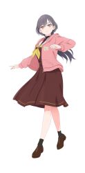  1girl black_socks bloom_garden_party_jacket brown_dress brown_shoes closed_mouth dress full_body grey_hair hair_ornament hands_up hasu_no_sora_school_uniform highres hood hood_down hooded_jacket jacket jellyfish_cut katsuragi_izumi link!_like!_love_live! loafers long_hair long_sleeves looking_at_viewer love_live! love_live!_hasu_no_sora_jogakuin_school_idol_club_bloom_garden_party medium_dress neckerchief official_art open_clothes open_jacket orange_eyes pink_jacket pleated_dress sailor_collar sailor_dress school_uniform shoes simple_background slit_pupils smile socks solo standing transparent_background triangle_hair_ornament virtual_youtuber white_sailor_collar winter_uniform yellow_neckerchief 