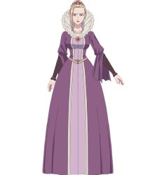  1girl anime_coloring blonde_hair blue_eyes breasts closed_mouth commentary_request dress drill_hair full_body jewelry long_dress long_sleeves looking_at_viewer medium_breasts multicolored_dress necklace nigashita_sakana_wa_ookikatta_ga_tsuriageta_sakana_ga_ookisugita_ken official_art pink_dress purple_dress queen_rubini second-party_source short_hair simple_background solo standing 