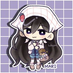  1girl :3 absurdly_long_hair artist_name black_eyes black_hair blue_shorts blush character_doll character_name chibi chibi_only closed_mouth commentary_request doll double-parted_bangs full_body hair_behind_ear hair_between_eyes hakugen0720 headscarf hero_(faraway)_(omori) hero_(omori) highres jacket long_hair long_sleeves looking_at_viewer mari_(birthday)_(omori) mari_(faraway)_(omori) mari_(omori) official_alternate_costume omori open_clothes open_jacket outline shorts smile socks solo stuffed_toy very_long_hair white_headscarf white_jacket white_outline white_socks 