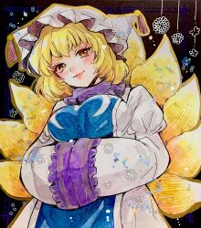  1girl absurdres blonde_hair blue_border blue_tabard blush border breasts bug butterfly closed_mouth commentary cowboy_shot dark_background dress fox_girl fox_tail frilled_sleeves frills from_below hands_in_opposite_sleeves hat highres iori_(akaringo) kitsune kyuubi large_breasts light_smile lips long_sleeves looking_at_viewer looking_down mob_cap multiple_tails outline outside_border photo_(medium) short_hair slit_pupils solo standing star_(symbol) tabard tail touhou traditional_media white_dress wide_sleeves yakumo_ran yellow_eyes yellow_outline 