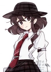  1girl bow brown_eyes brown_hair brown_hat brown_skirt collared_shirt commentary hat highres long_hair long_sleeves necktie plaid_clothes plaid_hat plaid_skirt red_necktie shirt shirt_tucked_in simple_background skirt smile solo tama_(hiroshige_36) touhou twitter_username usami_renko watermark white_background white_bow white_shirt 