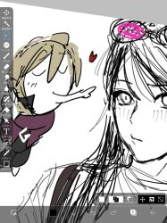  1boy 1girl ace_attorney alternate_costume amikoiiko apollo_justice:_ace_attorney art_program_in_frame art_program_request black_shirt blonde_hair blush brown_strap cartoon_logic chain chain_necklace closed_eyes closed_mouth collared_shirt commentary_request deformed drill_hair ema_skye eyewear_on_head facing_to_the_side half_updo heart highres initial jacket jewelry klavier_gavin long_hair long_sleeves looking_at_viewer mismatched_eyebrows necklace own_hands_together partially_colored pink-tinted_eyewear popped_collar purple_jacket shirt short_sleeves side_drill simple_background sketch suit_jacket sunglasses tinted_eyewear unfinished white_background white_shirt 