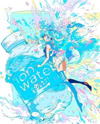  1girl absurdres bare_shoulders blue_eyes blue_hair blue_shirt blue_theme blue_thighhighs bottle commentary from_side full_body hatsune_miku headset highres long_hair n79oqc3yja6jlof number_tattoo shirt shoulder_tattoo skirt sleeveless sleeveless_shirt solo tattoo thigh-highs vocaloid water white_skirt 