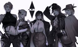  5girls arima00001 arm_up augustus_(path_to_nowhere) black_lips commentary_request cowboy_shot crossed_arms dark eirene_(path_to_nowhere) from_behind green_eyes hat hat_feather heterochromia highres light_smile military_hat military_uniform multiple_girls path_to_nowhere schorl_(path_to_nowhere) shalom_(path_to_nowhere) souryuu_asuka_langley standing white_background zoya_(path_to_nowhere) 