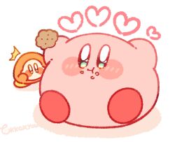  :t ^^^ blue_eyes blush_stickers closed_mouth commentary_request cookie food food_on_face heart highres holding holding_cookie holding_food kirby kirby_(series) no_humans signature simple_background sitting tokkakyou waddle_dee white_background 