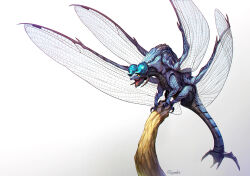  artist_name blue_skin bug chimera claws colored_skin commentary_request creature dragon dragon_horns dragonfly dragonfly_wings fujiyama_monta highres horns insect_wings multiple_wings no_humans open_mouth original partial_commentary perching scales sharp_teeth signature simple_background solo stick tail teeth white_background wings yellow_eyes 