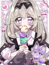  1girl antenna_hair black_ribbon blonde_hair blue_eyes blush commentary_request fairy food hair_intakes heart highres holding holding_ice_cream_cone ice_cream ice_cream_cone licking long_hair looking_at_viewer mashu-tan meitantei_precure! mizunonononono moria_luluka multiple_scoops one_eye_closed precure ribbon spoken_heart tongue tongue_out too_many too_many_scoops violet_eyes 