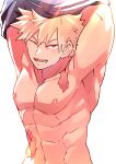  1boy abs absurdres armpits arms_behind_head arms_up bakugou_katsuki bare_pectorals blonde_hair boku_no_hero_academia highres light_rays looking_at_viewer male_focus muscular muscular_male nipples nude one_eye_closed open_mouth pectorals red_eyes scar scar_on_chest scar_on_stomach short_hair smile solo teeth tongue undressing upper_body v-shaped_eyebrows white_background yazakc 