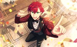  1boy black_bow black_bowtie black_pants bow bowtie confetti earrings fingernails green_eyes helios_rising_heroes highres jacket jewelry long_sleeves looking_at_viewer male_focus official_art open_mouth otori_akira pants pointing red_hair shirt solo teeth upper_teeth_only 