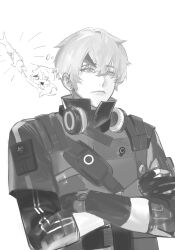  1boy chibi chibi_inset crossed_arms earrings greyscale hair_between_eyes headphones headphones_around_neck high_collar highres horns jacket jewelry kajol98606618 kamui:_bastion_(pgr) kamui_(pgr) male_focus monochrome punishing:_gray_raven short-sleeved_jacket short_hair short_sleeves single_horn solo three-quarter_sleeves upper_body 
