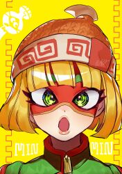  1girl :o absurdres arms_(game) artist_name beanie blonde_hair blunt_bangs bob_cut character_name chinese_clothes dancho_no_mori domino_mask eye_mask eyelashes facepaint food green_eyes hat highres lips looking_at_viewer makeup mandarin_collar mask meandros min_min_(arms) noodles open_mouth pink_lips print_headwear short_hair solo yellow_background zipper zipper_pull_tab 