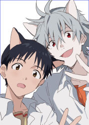  11kkr 2boys animal_ears black_hair brown_eyes cat_ears collared_shirt commentary_request fang grey_hair ikari_shinji light_blush looking_at_viewer male_focus multiple_boys nagisa_kaworu neon_genesis_evangelion open_mouth orange_shirt red_eyes shirt short_hair simple_background white_background white_shirt 