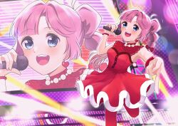  1girl absurdres anyoji_hime aokiotemoto blue_eyes bow breasts commentary_request do!_do!_do!_(love_live!) dress earrings gyaru_v hair_bow heart heart_earrings highres holding holding_microphone jewelry link!_like!_love_live! long_hair looking_at_viewer love_live! medium_breasts microphone multi-tied_hair pantyhose pink_hair ponytail red_bow red_dress red_pantyhose screen_zoom short_dress sleeveless sleeveless_dress solo stage v very_long_hair virtual_youtuber 