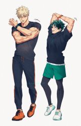  2boys absurdres alternate_costume arms_up bakugou_katsuki black_pants black_shirt blonde_hair boku_no_hero_academia commentary_request drawstring freckles full_body green_eyes green_hair green_shorts height_difference high_collar highres korean_commentary leggings looking_at_another male_focus midoriya_izuku multiple_boys open_mouth orange_shoes pants red_eyes shammah_001 shirt shoes short_hair shorts simple_background spiky_hair standing stretching striped_clothes striped_pants teeth twitter_username veins veiny_arms vertical-striped_clothes vertical-striped_pants watch watch white_background white_shoes zipper 