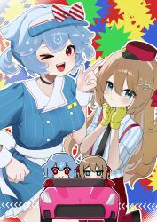  2girls absurdres bao_the_whale blue_dress blue_eyes blue_hair bow breasts brown_hair car choker dress hair_ornament hair_ribbon hat heart heart_hair_ornament highres indie_virtual_youtuber kenpomk2 long_hair looking_at_viewer mesmerizer_(vocaloid) motor_vehicle multiple_girls neuro-sama one_eye_closed pink_car red_eyes ribbon shirt short_hair short_twintails smile striped_bow striped_clothes striped_shirt suspenders twintails vedal_ai virtual_youtuber whale_girl wrist_cuffs 