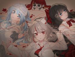  4girls :3 ae_yong021 akane_lize animal_ear_fluff animal_ears arahashi_tabi bags_under_eyes black_hair blue_bow blue_bowtie blue_eyes blue_hair bow bowtie brown_background cat_ears chibi collared_shirt commentary_request diagonal-striped_bow diagonal-striped_bowtie diagonal-striped_clothes exhausted goggles goggles_on_head grey_eyes grey_hair hair_bow hair_spread_out hand_on_own_arm hands_up high_heels korean_commentary long_hair long_sleeves looking_to_the_side lying medium_hair multicolored_hair multiple_girls neneko_mashiro no_pupils on_back open_mouth parted_lips petals red_bow red_bowtie red_eyes red_hair red_petals shirayuki_hina shirt sideways_glance sleeves_past_wrists stellive streaked_hair string string_of_fate striped_bow striped_bowtie striped_clothes twintails virtual_youtuber white_shirt wing_collar 
