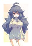  1girl @_@ breasts commentary_request dress hairband hex_maniac_(pokemon) large_breasts long_hair messy_hair pokemon pokemon_(game) pokemon_xy purple_hairband solo sweater sweater_dress tanasuke turtleneck turtleneck_sweater very_long_hair white_sweater 