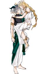  2boys ^_^ absurdres alhaitham_(genshin_impact) ancient_greek_clothes animal_on_head antenna_hair armlet barefoot bird bird_on_hand bird_on_head black_nails black_shirt blonde_hair blush bracelet bracer braid braided_ponytail carrying chinese_commentary closed_eyes closed_mouth commentary_request demon_horns earrings elf feet fingernails flower flower_wreath genshin_impact gold_armlet gold_bracelet gold_necklace greco-roman_clothes green_hair green_horns grey_hair hair_between_eyes hair_over_one_eye hand_chains hand_on_another's_shoulder head_wreath highres himation horns jewelry kaveh_(genshin_impact) long_hair low-braided_long_hair low-tied_long_hair male_focus multicolored_hair multiple_boys nail_polish neck_ring necklace on_head one_eye_covered orangezhaoze pants parted_bangs pointy_ears robe shirt shoes short_hair simple_background sleeveless sleeveless_shirt smile standing swept_bangs turtleneck very_long_hair white_background white_flower white_pants white_robe white_shoes 