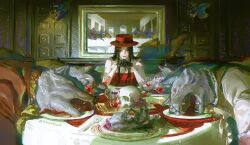  1girl black_gloves black_hair blood closed_mouth corpse cup dress drinking_glass faux_traditional_media gloves hair_over_shoulder hat highres indoors long_hair looking_at_viewer off-shoulder_dress off_shoulder original painterly plate porkpie_hat red_dress red_eyes red_hat severed_hand skull smile table tanyaf2022 the_last_supper twitter_username werewolf wine_glass 