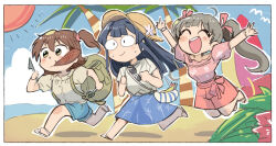  3girls :d ^_^ arms_up beach black_hair blue_skirt blush_stickers border brown_hair brown_hat closed_eyes commentary_request day food_in_mouth hakozaki_serika hat idolmaster idolmaster_million_live! jumping kasuga_mirai long_hair looking_ahead mogami_shizuka multiple_girls outdoors palm_tree pink_shirt pink_shoes running shirt shoes short_hair skirt smile standing tree tsubobot twintails white_border 