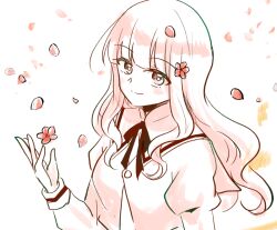 1girl arm_at_side assault_lily black_ribbon blunt_bangs blush closed_mouth commentary cropped_jacket falling_petals flower hand_up juliet_sleeves kaede_johan_nouvel long_hair long_sleeves looking_at_viewer monochrome neck_ribbon petals pink_flower puffy_sleeves ribbon school_uniform shindo sidelocks smile solo spot_color upper_body wavy_hair white_background yurigaoka_girls_academy_school_uniform 