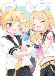  1boy 1girl :d ahoge arm_tattoo bass_clef belt black_sailor_collar black_shorts blonde_hair blue_background blush border bow box character_puppet closed_eyes commentary_request confetti cowboy_shot dated double-parted_bangs frilled_shirt frills gift gift_box gradient_background green_background hair_between_eyes hair_bow hair_ornament hairclip headphones headset highres holding_puppet kagamine_len kagamine_rin looking_at_another mani_(manidrawings) medium_hair midriff nail_polish navel neckerchief necktie number_tattoo one_eye_closed open_mouth outside_border parallel_hairclips parted_bangs ponytail sailor_collar shirt short_hair short_sleeves shorts sidelocks sleeveless sleeveless_shirt smile tattoo twitter_username vocaloid white_border white_bow white_shirt yellow_belt yellow_nails yellow_neckerchief yellow_necktie 