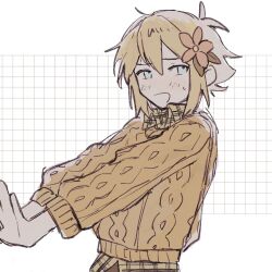  1boy alternate_costume antenna_hair basil_(faraway)_(omori) basil_(omori) blonde_hair blue_eyes blush brown_sweater collared_shirt double-parted_bangs flower gm70t green_shirt hair_between_eyes hair_flower hair_ornament highres long_sleeves looking_at_viewer male_focus omori open_mouth shirt shirt_under_sweater short_hair sidelocks smile solo sweater upper_body 