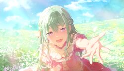  1girl blue_sky braid breasts brooch choker choukoku_no_protagonist_(project_sekai) clouds colorful_palette crying crying_with_eyes_open day dot_nose double-parted_bangs dress falling_petals field flower frilled_choker frilled_dress frilled_sleeves frills furrowed_brow game_cg gem green_eyes hair_between_eyes hair_ribbon half_up_braid happy_tears heart heart_brooch highres jewelry kusanagi_nene long_hair looking_at_viewer lower_teeth_only official_alternate_costume official_alternate_hairstyle official_art open_mouth orange_ribbon outdoors pastel_colors pearl_(gemstone) pearl_hair_ornament petals pink_choker pink_dress portrait project_sekai purple_flower reaching reaching_towards_viewer ribbon short_hair sidelocks sitting sky small_breasts solo tears teeth third-party_source tongue upper_body violet_eyes white_choker white_dress white_flower white_petals 