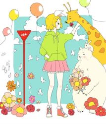  1girl artist_request balloon bear blonde_hair blush bow clouds cloudy_sky giraffe green_jacket hair_bow jacket kagamine_rin kagamine_rin_(melancholy) melancholic_(vocaloid) non-web_source petting polar_bear rabbit sign sky solo vocaloid 