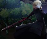  1girl absurdres artoria_pendragon_(fate) bangs black_dress black_ribbon blonde_hair braid closed_mouth commentary_request dark_excalibur dress excalibur_morgan_(fate) fate/stay_night fate_(series) french_braid from_below gothic_lolita hair_bun highres hochun holding holding_sword holding_weapon juliet_sleeves lolita_fashion long_sleeves looking_at_viewer puffy_sleeves ribbon saber_alter sidelocks sword weapon yellow_eyes 