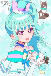  2girls @est@ aqua_hat aqua_scrunchie blue_crown bow brooch brown_hair commentary_request crown cure_lillian earrings hair_ornament hair_scrunchie hat heart heart_brooch highres jewelry multiple_girls neck_ribbon nekoyashiki_mayu nekoyashiki_mayu_(cat) nekoyashiki_yuki nekoyashiki_yuki_(cat) precure ribbon scrunchie 