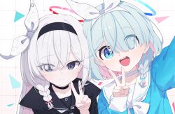  2girls :d absurdres arona_(blue_archive) black_choker black_coat black_eyes black_hairband black_sailor_collar black_shirt blue_archive blue_eyes blue_hair blue_halo blue_pupils blue_shirt bow bow_hairband bowtie braid choker cinamon_(cinamori) closed_mouth coat colored_inner_hair commentary dot_nose eyes_visible_through_hair grid_background hair_bow hair_over_one_eye hairband halo highres light_blush long_hair long_sleeves looking_at_viewer mismatched_pupils multicolored_hair multiple_girls open_mouth outline pink_hair plana_(blue_archive) red_halo red_pupils sailor_collar selfie shirt short_braid short_hair side_braid single_braid sleeve_cuffs smile split_mouth straight-on swept_bangs tareme teeth textless_version triangle two-tone_hair upper_body upper_teeth_only v white_background white_bow white_bowtie white_choker white_hair white_outline white_sailor_collar 