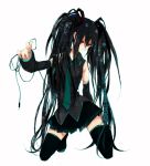  bad_id black_hair blue_hair hatsune_miku kneeling long_hair necktie red_eyes simple_background skirt solo thigh-highs thighhighs twintails very_long_hair vocaloid zettai_ryouiki 