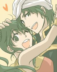  1girl alec_(fire_emblem) couple fire_emblem fire_emblem:_seisen_no_keifu fire_emblem_genealogy_of_the_holy_war green_eyes green_hair harushino heart hug lowres petting smile sylvia sylvia_(fire_emblem) turban wink 