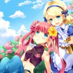  blonde_hair blue_eyes blush farmer_(sekaiju) flower gloves hair_ribbon mitsuk monk_(sekaiju) multiple_girls pink_hair ribbon sekaiju_no_meikyuu sekaiju_no_meikyuu_3 twintails 