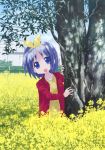  flower_field hair_ribbon highres hiiragi_tsukasa isou_nagi lucky_star open_mouth purple_hair ribbon short_hair tree 