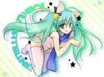 animal_ears aqua_eyes bell cat_ears cat_tail green_hair hair_bell hatsune_miku kneeling long_hair mutsu scarf school_swimsuit swimsuit tail thigh-highs tongue twintails vocaloid 