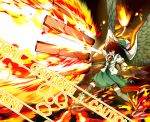  arm_cannon attack black_hair bow cape caution_tape firing hair_bow radiation_symbol rapid-fire red_eyes reiuji_utsuho shigurio solo touhou weapon wings 