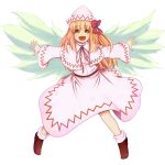  :d capelet fairy hakuyou_no_isseki hat hat_ribbon highres lily_white long_hair open_mouth outstretched_arms ribbon smile solo spread_arms touhou transparent_background wings yellow_eyes 